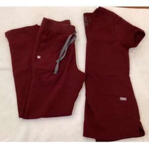 FIGS Burgundy Maroon Scrub Set - Casma Top XXS - Kade Cargo Pants XXS/P